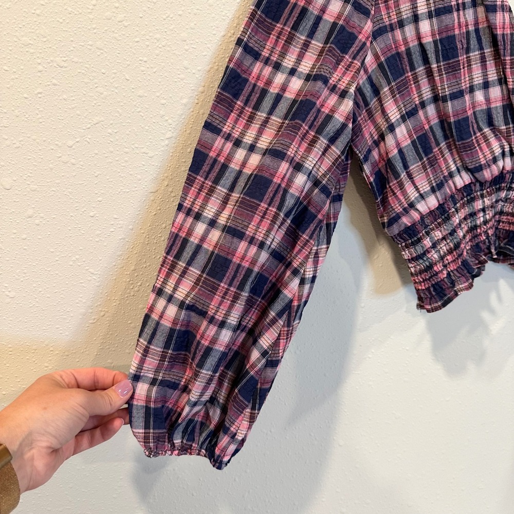 Zara Plaid Crop Top Women Medium Pink Smocked Balloon Sleeve Preppy Cottage Boho - Picture 5 of 12